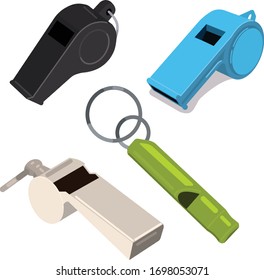 Vector illustration of whistles of different shapes, colors and angles.