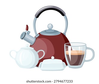 Vector illustration of a whistling teapot kettle, ceramic sugar bowl, butter dish, and a glass mug with coffee. Breakfast tableware isolated on white background.