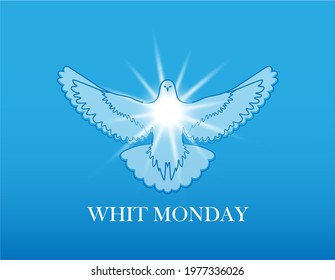 Vector illustration of Whit Monday background with dove and bright yellow sun for invitation, greeting card, banner, backdrop, poster. Isolated object.