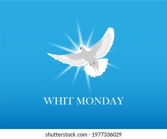 Vector illustration of Whit Monday background with dove and bright yellow sun for invitation, greeting card, banner, backdrop, poster. Isolated object.