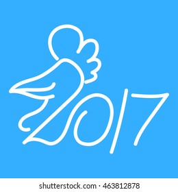 Vector illustration of white 2017 and rooster on blue background.