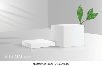 vector illustration white 3d box podium and leaves design  template,use for cosmetic presentation background. and beautiful studio platform.