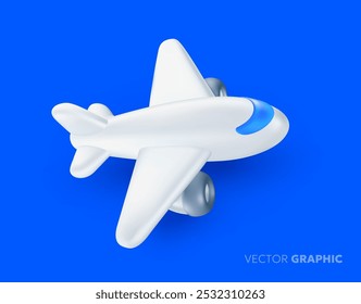 Vector illustration of white air plane toy with shadow on blue background. 3d cartoon style design of icon of aircraft with turbine for web, site, banner, menu, card