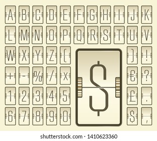 Vector illustration of white airline flip board alphabet for destination information or timetable. Airport terminal mechanical scoreboard light font with numbers to display flight departure or arrival