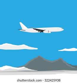 Vector illustration of white airplane flying in the blue sky with clouds. Mountain landscape. 