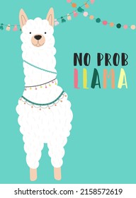 Vector illustration of a white alpaca in clothes with national motives with an inscription No prob llama on a blue background. Image for children, cards, invitation, print, textiles.