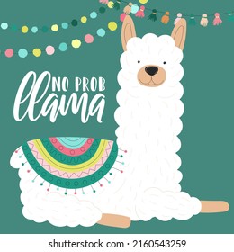 Vektorgrafik eines weißen Alpaca in Kleidung mit nationalen südamerikanischen Motiven, Dekorationen mit der Inschrift No prob llama. Bild für Kinder, Karten, Einladung, Druck, Textilien.