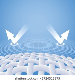 Vector illustration of white arrows reflecting UV rays off protective fabric grid. Concept for sunblock clothing, SPF 50+ technology, and heat-reflective umbrella and summer skin safety.