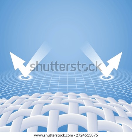 Vector illustration of white arrows reflecting UV rays off protective fabric grid. Concept for sunblock clothing, SPF 50+ technology, and heat-reflective umbrella and summer skin safety.