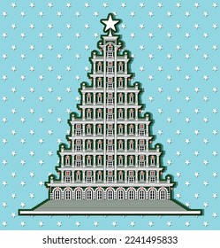 Vector illustration white art paper of neoclassical tower building with its elements design, columns, railing, doors, windows, decoration, stair, like a christmas tree on stars and blue sky background