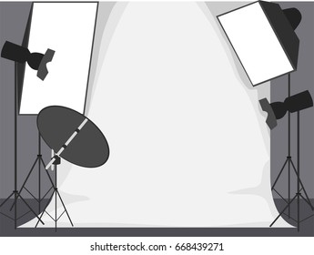 Vector Illustration of White Backdrop Photo Studio with Lights and Camera