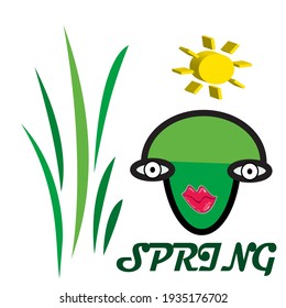 Vector illustration, white background, with 3D sun, blade of grass, avatar and spring text.