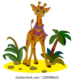 vector illustration, white background isolate, image of giraffes and tropical plants and palm trees in cartoon style in color