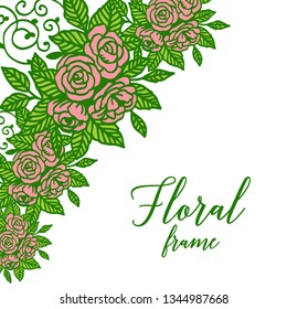 Vector illustration white background with rose pink floral frame hand drawn