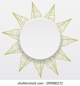 Vector illustration of a white banner with shadow surrounded in frame of hand-drawn linear leaves for your design