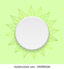 Vector illustration of a white banner with shadow surrounded in frame of hand-drawn linear leaves for your design