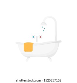Vector illustration of white bathtub, yellow towel, shower. Bathroom interior. Equipment for bathing and relaxing. Hygiene icon. White isolated