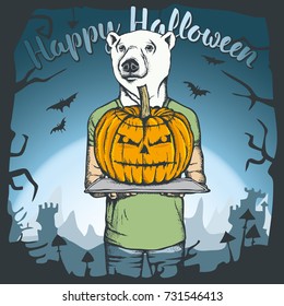 Vector illustration of white bear celebrating Halloween. Bear with Halloween pumpkin