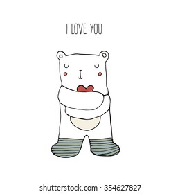 Vector illustration - White Bear with Heart on white background. Hand drawn illustration. Romantic Template for Valentines Day card, Postcard. Cute Teddy Bear Illustration.