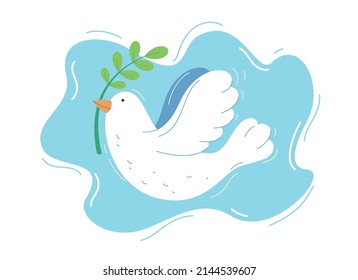 Vector illustration of white bird with olive branch flying in blue sky. Dove of peace in flat style