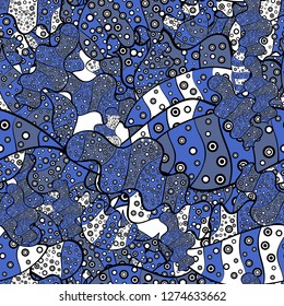 Vector illustration. White, black and blue on colors. Seamless Cute fabric pattern. Nice background. - stock. Abstract doodles pattern.