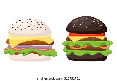 Vector illustration white and black burger cartoon set. Fast food set. Ingredients: buns, cheese, bacon, tomato, onion, lettuce, cucumbers, pickle onions, beefs, ham. cheeseburger and hamburger