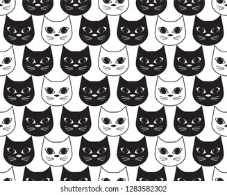 The vector illustration is a lot of white and black cats. Seamless pattern a background from nice attractive faces of animal white and black cats. Flat design. Monochrome.