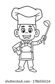 Vector illustration, white and black, of a character in a cartoon style. The character is a kid wearing chef uniform, standing, smiling and holding a wooden ladle with one hand. 