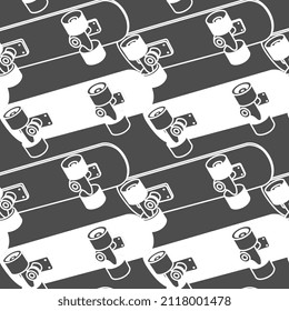 Vector illustration of white and black color board on color background. Skateboarding seamless pattern with cartoon skateboard. Flat line art style design with skate for t-shirt and paper print