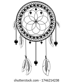 vector illustration white and black colored image of dreamcatcher with feathers