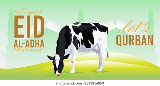 vector illustration white black cow eating on the grass field hill field  front of mosques silhouette celebrate eid al adha lets qurban