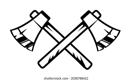 Vector Illustration of White and Black Crossed Axe. Line Art Flat Style Design of Viking and Lumberjack Tool on White Background