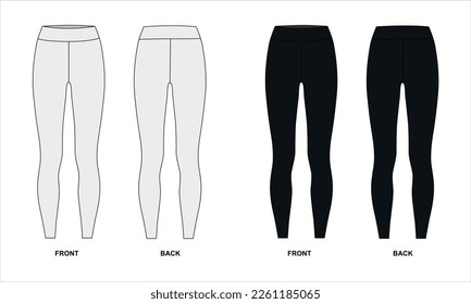 Vector illustration of white and black leggings. Leggings template front and back view, vector. Shapewear for women, vector. Black sports pants for fitness, yoga, running, etc.