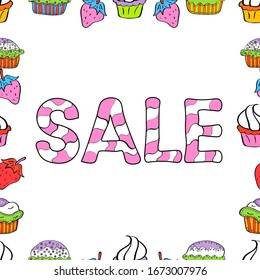 Vector illustration. Illustration in white, black and pink colors. Sale sign design in modern style. Lettering. Seamless.