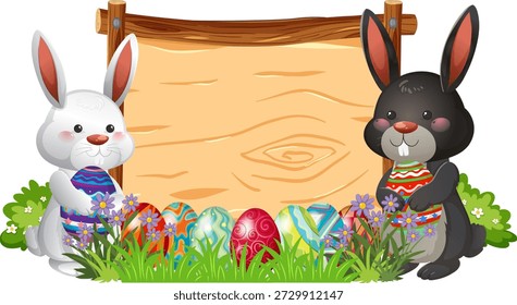 Ilustração vetorial de coelhos brancos e pretos com ovos coloridos antes de uma placa de madeira