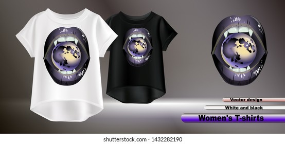 Vector illustration of white and black t-shirts. Fashion prints for t-shirts. Female vampire lips and the moon.