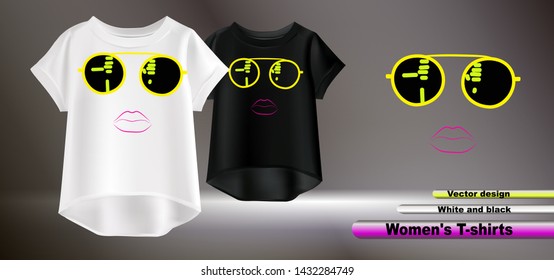 Vector illustration of white and black t-shirts. Fashion prints for t-shirts. Female lips and glasses.