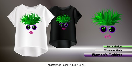 
Vector illustration of white and black t-shirts. Fashion print on t-shirt.Women's white and black T-shirts. Female lips on the print.