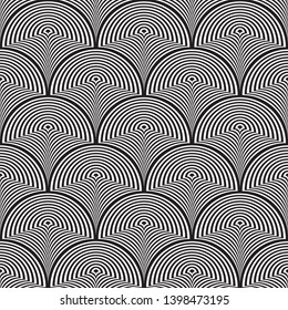 Vector illustration of white and black warped semi circles in geometric layout. Seamless repeat pattern for gift wrap, textile, fabric, scrapbooking and fashion.