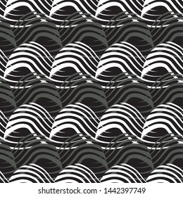 Vector illustration of white and black warped semi circles and stripes in geometric layout. Seamless repeat pattern for gift wrap, textile, fabric, scrapbooking and fashion.