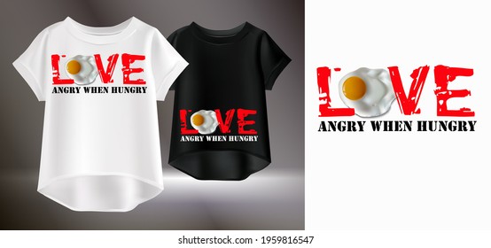 Vector illustration of a white and black womens t-shirt with a pattern. Isolated image of a print for a t-shirt. Drawing of a fried egg and red lettering.