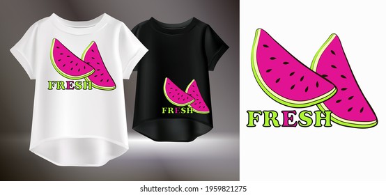 Vector illustration of a white and black womens t-shirt with a pattern. Isolated image of a print for a t-shirt. Drawing of a slice of watermelon and inscriptions.