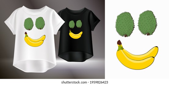 Vector illustration of a white and black womens t-shirt with a pattern. Isolated image of a print on a t-shirt. Drawing of tropical fruits.