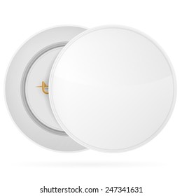 Vector illustration of white blank circle badge. Blank white round badge with golden pin, front and back side. Isolated mock up vector illustration on white background.