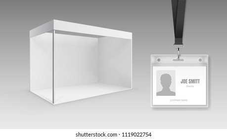 Vector illustration of white and blank portable folding presentation display board or exhibition stand and ID cards for presentation or conference visitors, press, media, office employees on lanyard