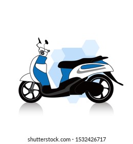 vector illustration of a white and blue automatic motorcycle in detail and semi-realistic. Side look. With a white background, isolated.