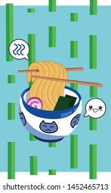 A vector illustration of a white and blue bowl of asian style hot ramen noodles with chopsticks on a light blue background with bamboo ornament
