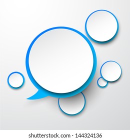 Ilustración vectorial de la burbuja de voz redonda de papel blanco y azul. Eps10.