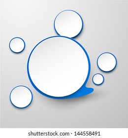 Vector illustration of white and blue paper round speech bubble. Eps10.