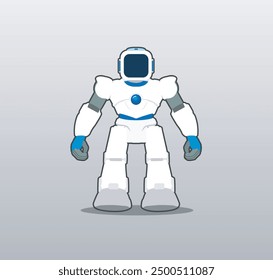 Vector illustration of a white and blue robot with a gray background, flat design model